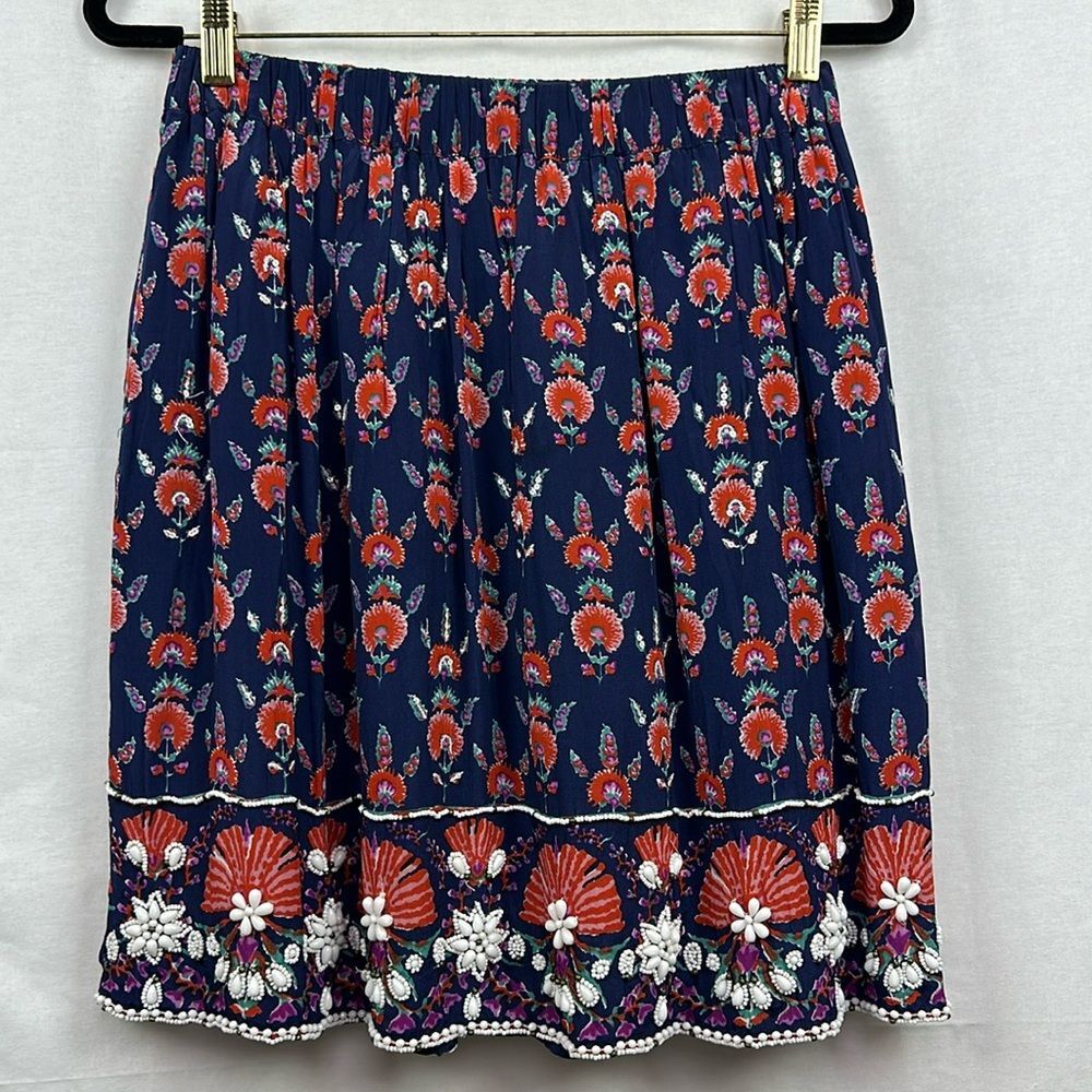 Maeve Skirt Small Navy Red Purple‎ White Beaded Floral Boho Fairy India Flawed